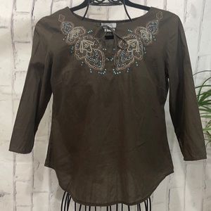 Loft Embroidered Brown Shirt Boho Indie Beaded Semi-Sheer 3/4 Sleeve Tie Neck